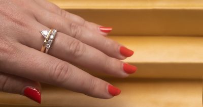 Mason No. 5 paired with our 1/2 carat five stone band, a match made in wedding set history.
