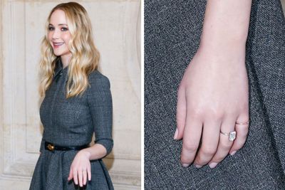 Jennifer Lawerence showing off her engagement ring to the tabloids. A prong set emerald solitaire.