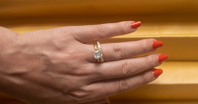 Parker No. 3 paired with Billie No. 1 a wedding set that pairs an Asscher solitaire with a 2 carat Baguette Channel Band.