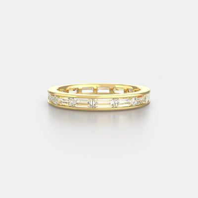 A low-profile lab grown eternity band being shown as an alternative to an engagement ring.