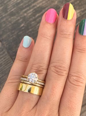 custom harper no. 1 round solitaire wtih 6mm band and 1/2 carat pave band