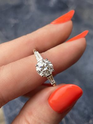 Frank Darling custom three stone minimal engagement ring with tapered baguette side stones