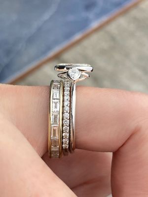 frank darling custom three stone thin band engagement ring stack stacked with our 2 carat platinum baguette channel band and half carat eternity band