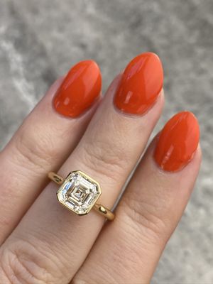 Frank Darling custom bezel set asscher cut Charles and Colvard Forever One moissanite