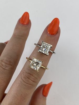 Frank Darling princess cut diamond clutch ring and yellow gold princess cut moissanite