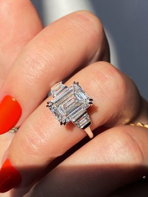 Custom Frank Darling 9 carat diamond total weight three stone emerald cut engagement ring
